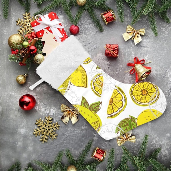 Julklapp, personliga julklappsstrumpor 2-pack Gult Citron Vit 45,7 cm Julstrumpor Hängande Ornament Eldstad för Träddekoration