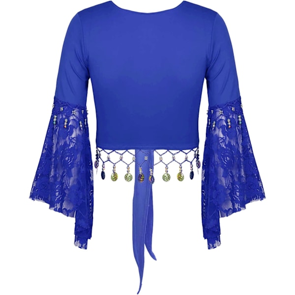 Kvinde Belly Dance Outfits Belly Lace 3/4 Flare Sleeve Crop Top med Coin Chiffon Dance Skirt Sæt #01royalblue X-Large #01royalblue X-Large