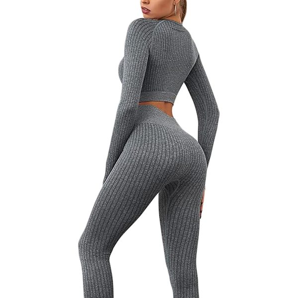 Sömlös yogasett 2 delar för kvinnor långärmad träningskläder gym crop tops