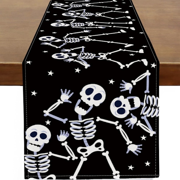 Svart  Spooky Skeleton Gothic Løper for Bord Kjøkken Innendørs Borddekor for Hjem Gårdsfest Høst Halloween Dekor 13x90 Tommers Dansende Skjelett