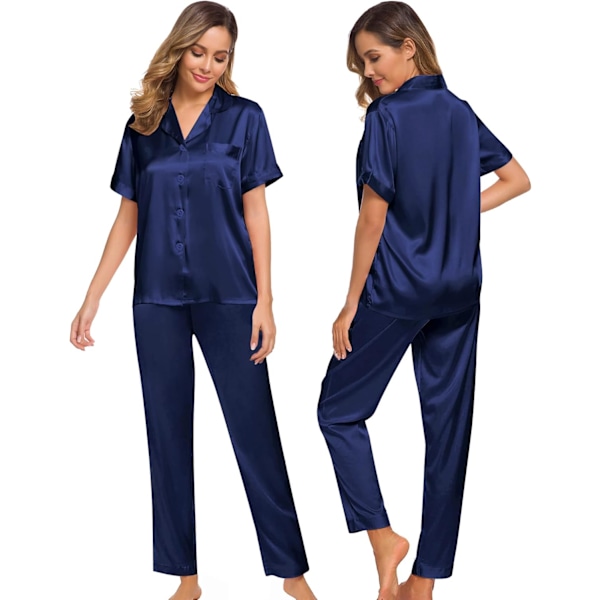 Långärmad pyjamas i siden satin sovkläder knapp ner pjs loungewear med