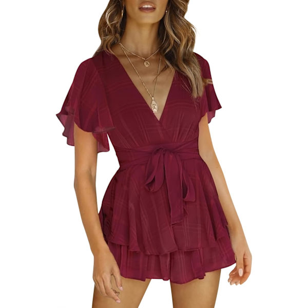 Kvinde Floral Print Dyb V-hals Romper Dobbelt Lag Ruffle Hem Jumpsuits Lang