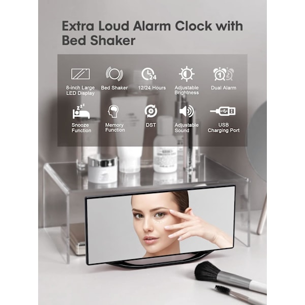 Extra högljudd väckarklocka för tunga sovare vuxna, digital dubbel väckarklocka för sovrum med USB-laddare, 8,7\" stor LED-spegeldisplay, vibrerande
