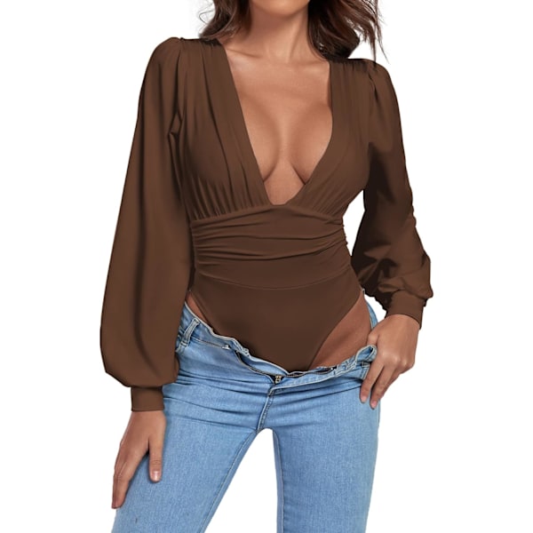 Kvinners Dyp V-hals Rynket Plissert Lang Ermet Topp Leotard Bodysuit