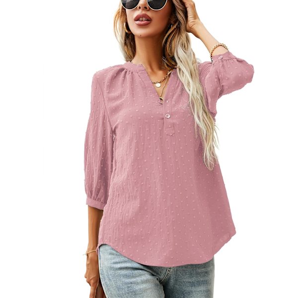 Kvinners Casual 3/4 Ermet Henley V-hals Knappet Opp Plissert Bak Bluser Sveitsisk