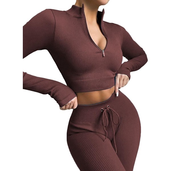Workout sæt til kvinder 2-delt - Sømløs ribbet langærmet crop top tank top høj