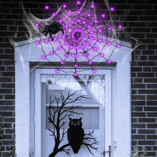 Halloween-dekorasjoner edderkoppnettlys, 70 LED-edderkoppnettlys for Halloween-dekorasjon innendørs utendørs vanntett, edderkopp LED-lys batteri lilla