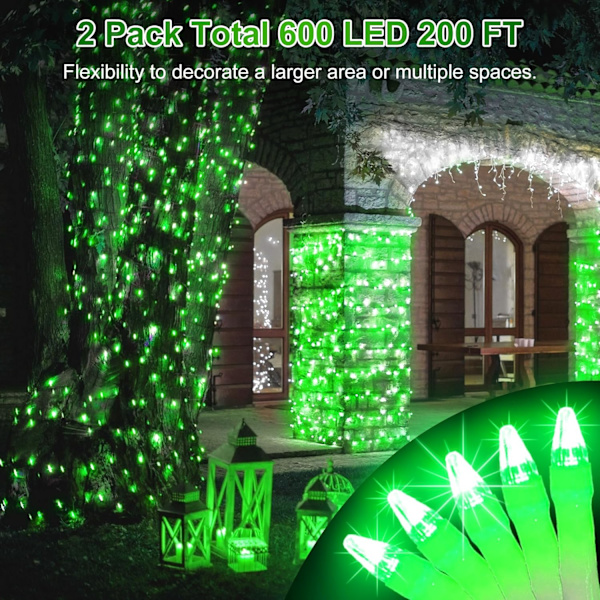 2-pack totalt 200 fot 600 LED julgransljus, fe-trädlampor inomhus utomhus anslutningsbara, 8 lägen och timer LED-slingor för sovrum,