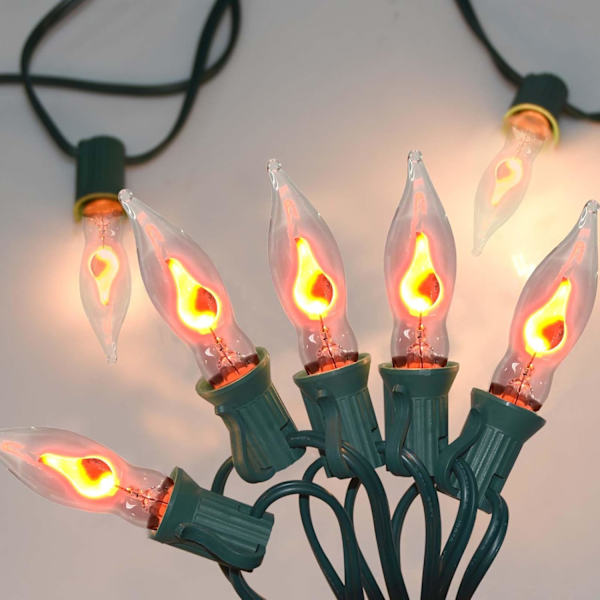 C18 Halloween-flimrende flammelys-strenglys, 10FT flimrende flammeformede pærer danser med en flimrende oransje glød, 1 watt, 120 volt, grønn ledning