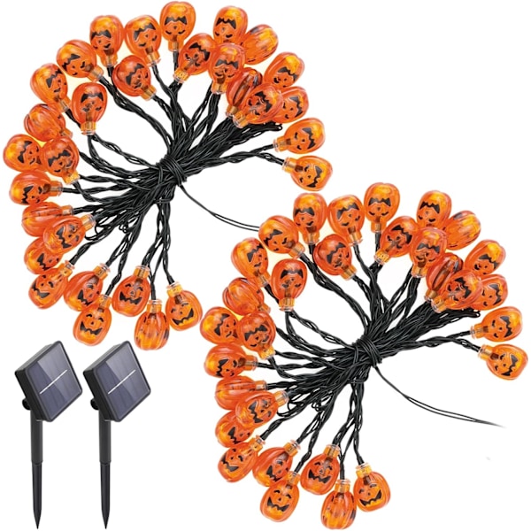 2-pak Halloween solcellelamper med 30 græskarlys, orange lys til Halloween 20ft 30LEDs, udendørs Halloween-lys til terrasse, have, fester