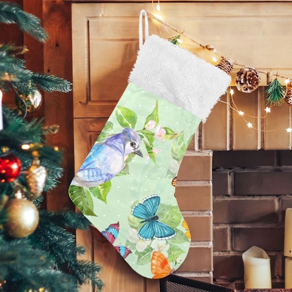 Julklapp, personliga julklappsstrumpor 2-pack Vintage Fjärilar Fågeltryck 45,7 cm Julstrumpor Hängande Ornament Kamin
