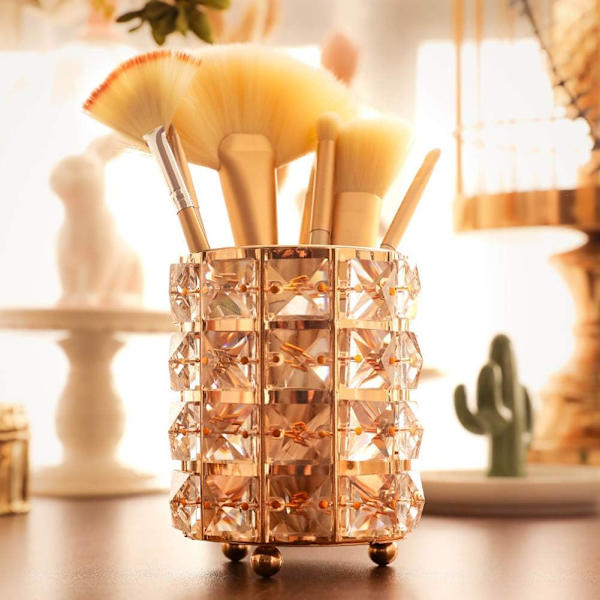 n ncil Continer Holder Office Desk ccessories Continer Mke Up Brushed Storge Box (Crystl,Gold)  Crystl,Gold  Crystal,Gold
