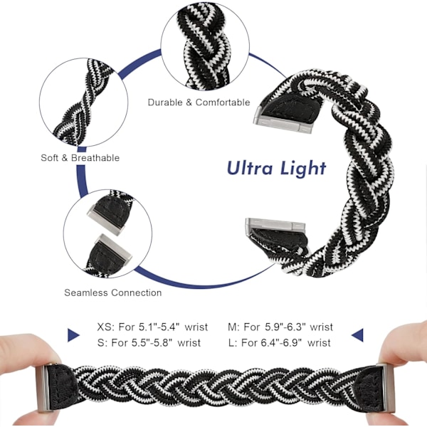 Elastiskt band kompatibelt med Fitbit Sense /Fitbit Versa 3 /Sense 2 /Versa 4 för kvinnor, smalt flätad rem i stretchig svartvitt XS-passform