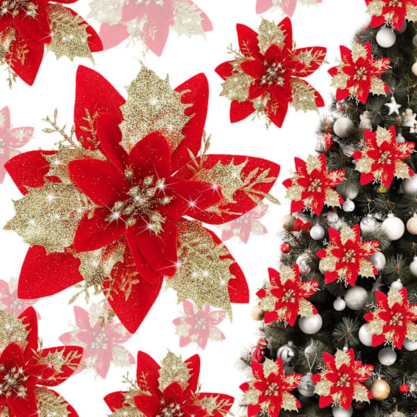 12 st glitter julstjärnor konstgjorda julblomsdekorationer blommor