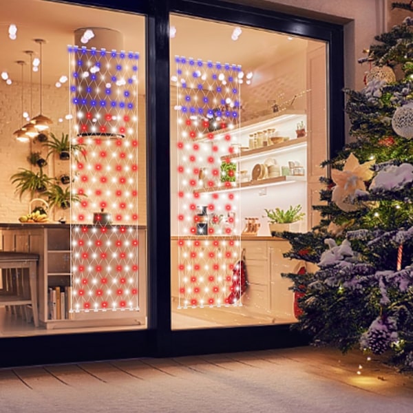 160 LED solcells amerikanska flaggljus utomhus, 6,6ft x 1,5ft fjärde juli dekorationer veranda lampor, 8 lägen röda vita och blå banderoller lampor för