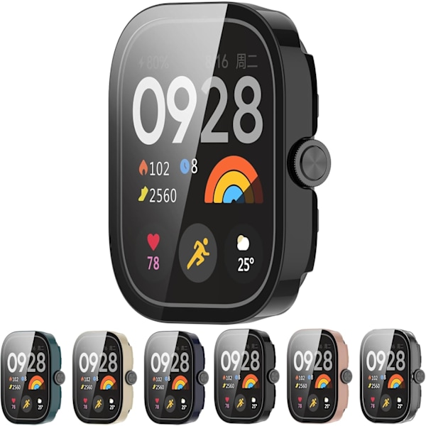 Full Dekning Etui med Skjermbeskytter Kompatibel med Redmi Watch 4, PC og Ekte Glass Beskyttelsesdeksel (PC Svart)