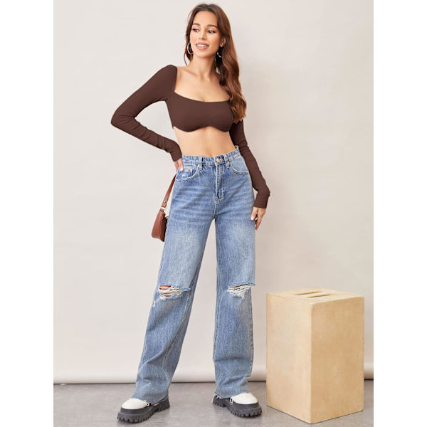 Søt korsetttopp for kvinner med lange ermer Crop Tops firkantet hals