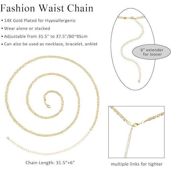 Bikini Body Chains for Women, 14K Gold Adjustable Sexy Waist Chain