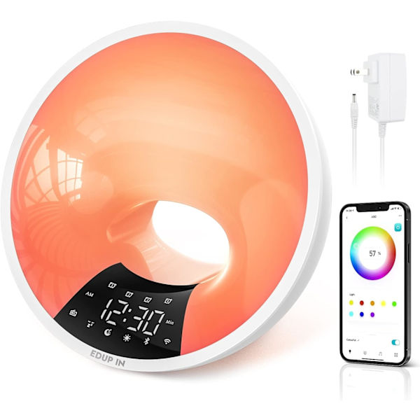 Solopgangs vækkeur - Vækkeur med lys - APP/Stemmestyring - Smart solopgangssimulering - Søvnhjælp - Bluetooth-højttaler - Snooze - 4 alarmer - FM-radio - 7 naturlige