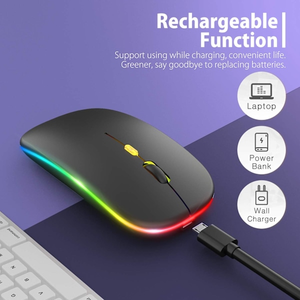 【Opgradering】 Led trådløs mus, genopladelig Slim Silent