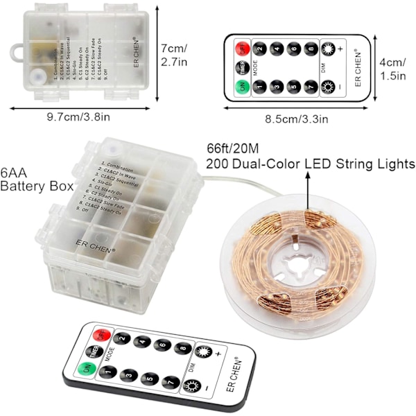 ErChen batteridrevne tofarget LED-lysslynger, 66FT 200 LED-er fargeskiftende dimbare 8 moduser kobbertrådlysslynger med fjernkontrolltimer