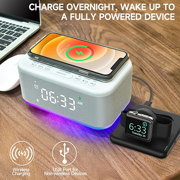 Väckarklocka Högtalare Trådlös Laddare, Digital Sovrum Bluetooth, Väckarklocka Dimbart Ljus Sovrum Dubbel Alarm Snooze Dimmer 12 24H RGB Natt