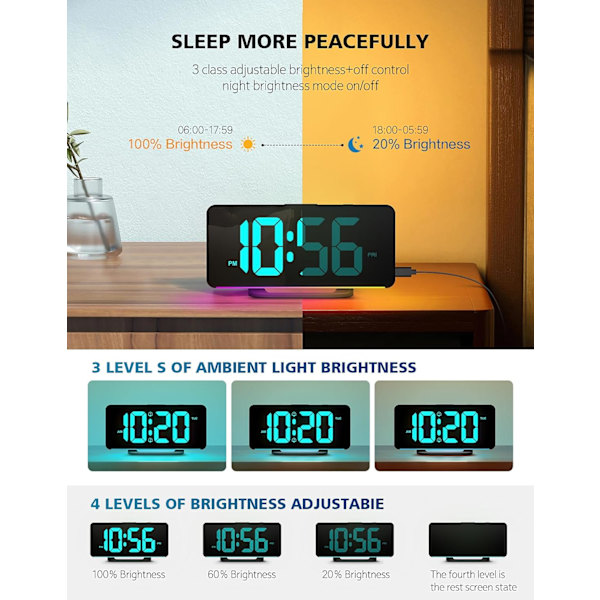 Til soveværelser, stort digitalt LED-display med 10 farvers nattelys, 2 USB-porte, dæmper, dobbelt alarm, nem at indstille til børn, teenagere, drenge, piger, sort