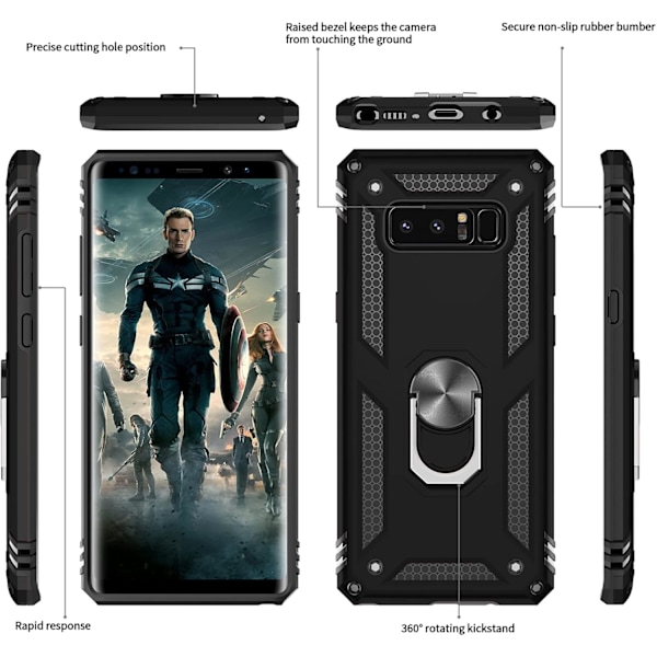 til Note 8 Cover med [2 Pak] 3D Skærmbeskytter, Militær-Klasse Magnetisk Ringholder & Støtteben, Sort Sort