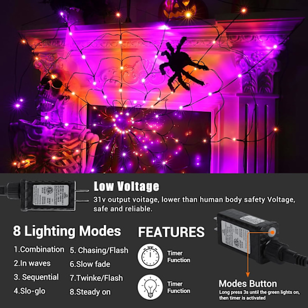 Halloween Spindelvæv Lys med Sort Edderkop, 4.26FT Diameter 84 LED Orange Lilla Web Lys med 8 Tilstande, Vandtæt med Timer Plugin