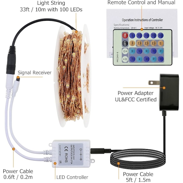 Ljusslinga med 33 fot 100 LED-lampor i koppartråd, dimbar ljusslinga med fjärrkontroll, grön grön grön