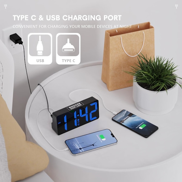 Digital väckarklocka för sovrum, 7\" digitalklocka med dubbla alarm, typ C & USB-laddningsport, nattlampa, fet siffra stor display, 7 blå