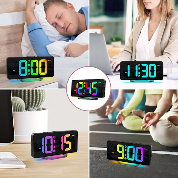 Digital väckarklocka för sovrum, ny version RGB väckarklocka, uppladdningsbar LED-bordsur med 10 RGB nattljus, snooze, 2 larm, justerbar