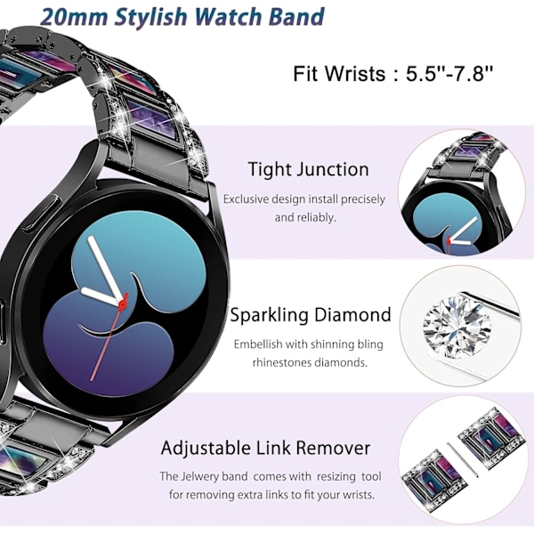 Funklende rem kompatibel med Galaxy Watch 7/6/5/4 FE 40mm 44mm Classic 43mm 47mm/Classic 42mm 46mm/Active 2 Watch Bands Resin, 20mm rustfrit stål