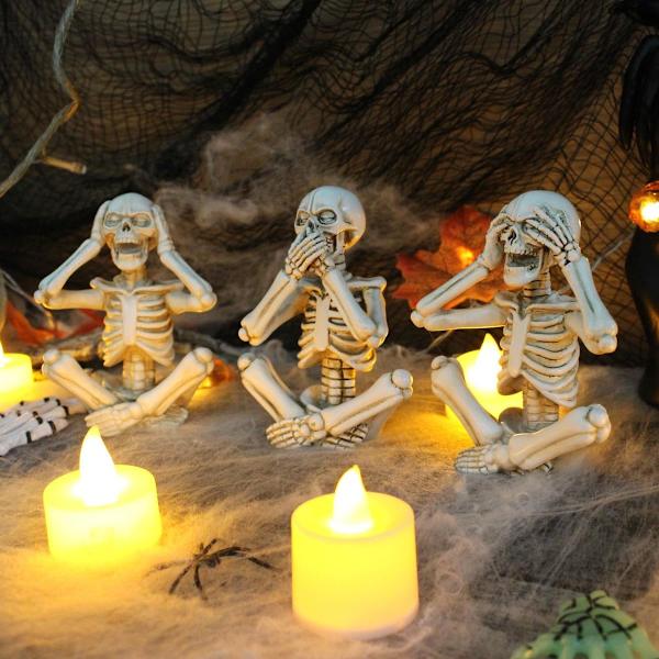Sæt med 3 skeletstatuer gotisk indretning, harpiks Hør Se Tal ikke ondt kraniefigurer Dekoration til hjemmekontor bord skrivebord bogreol