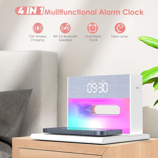 För sovrum, väckarklocka Bluetooth-högtalare, väckarklocka med trådlös laddning, 4 i 1 touch-sänglampa, Bluetooth-väckarklocka för tung vit