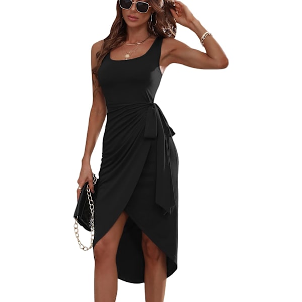 Tie Knot Side Kjole Wrap Tunika Shift Midi Kjole - Rund Hals, Ærmeløs Sommer