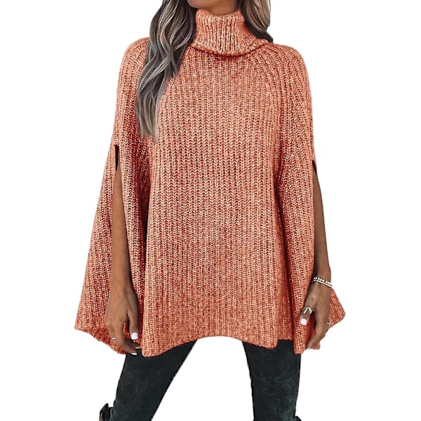 Dam Poncho Tröja med Hög Hals Höst Vinter 2023 Mode Grovstickad Cape Wrap Tröjor Pullover Jumper Toppar Orange Red Large
