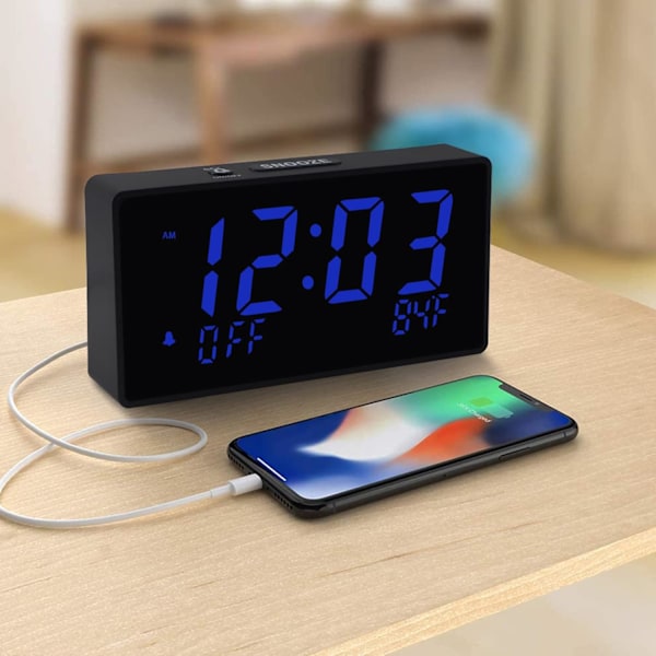 Skrivebords digital alarmklokke for soverom, blå 6\" LED-skjerm, med USB-port for lading, 000 % lysstyrke dimmer, temperatur, slumre, justerbar