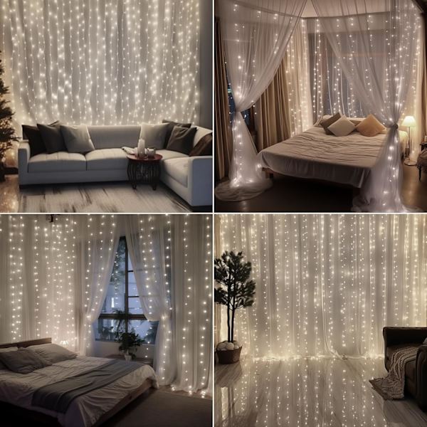 Uppgraderade 300LED gardinlampor batteridrivna utomhus vattentäta, 10ftx10ft Twinkle hängande vattenfallslampor med fjärrkontroll, 8 lägen vitt
