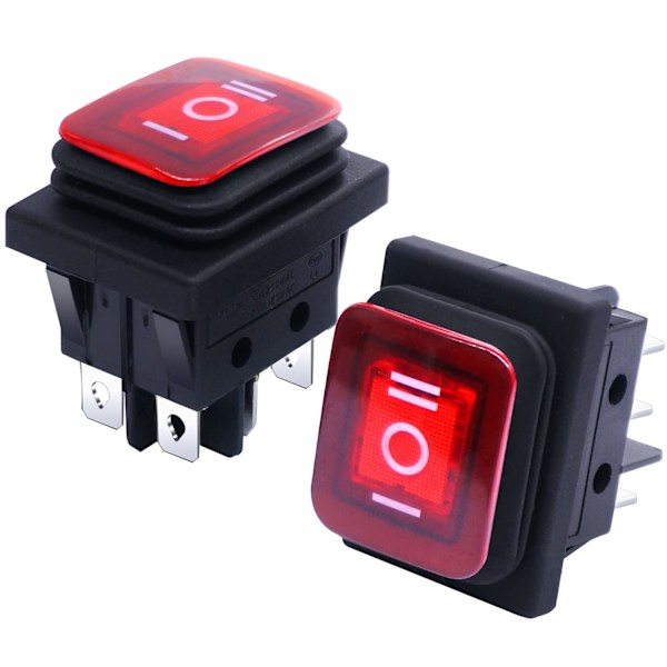 Vattentät vippströmbrytare - Rött LED-ljus, 6 stift, DPST, 3-läges PÅ/AV/PÅ (2-pack)