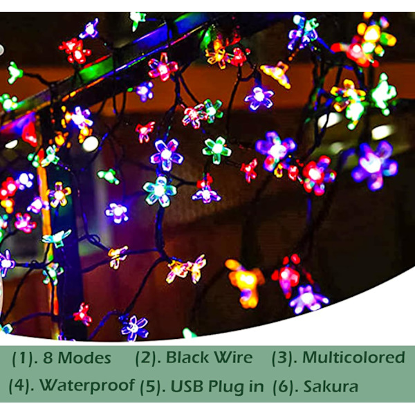 Anslut körsbärsblomma dekorativa ljusslingor, 33ft 100 LED USB-belysta blomdekorationer med timer för inomhus sovrum tält säng uteplats fest