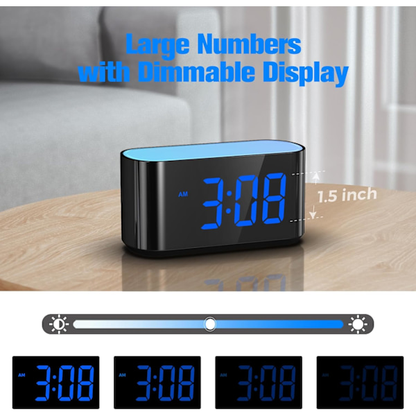 Digital väckarklocka för sovrum - Stor display lätt att läsa över rummet, 7 större färgade nattljus, dubbel alarm, dimmer, True Baery Blue