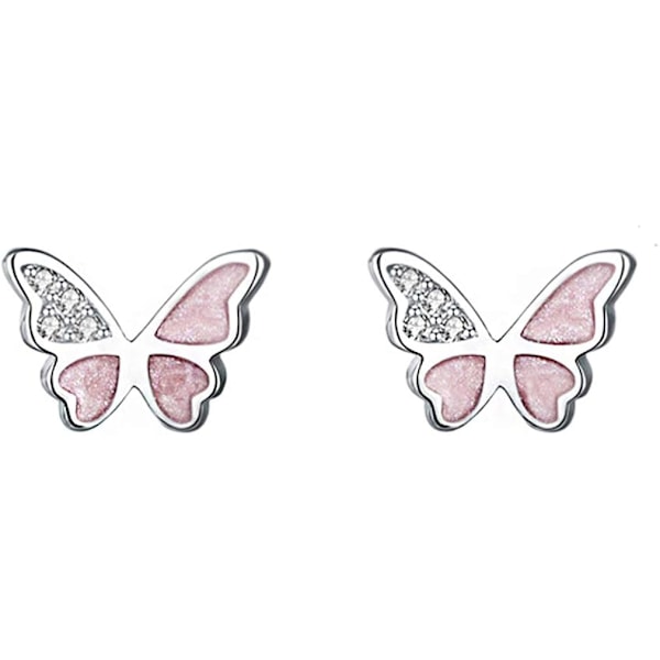 Pink Enamel Butterfly Stud Earrings: 925 Sterling Sølv Øreringe med Hvid Kubisk Zirkonia