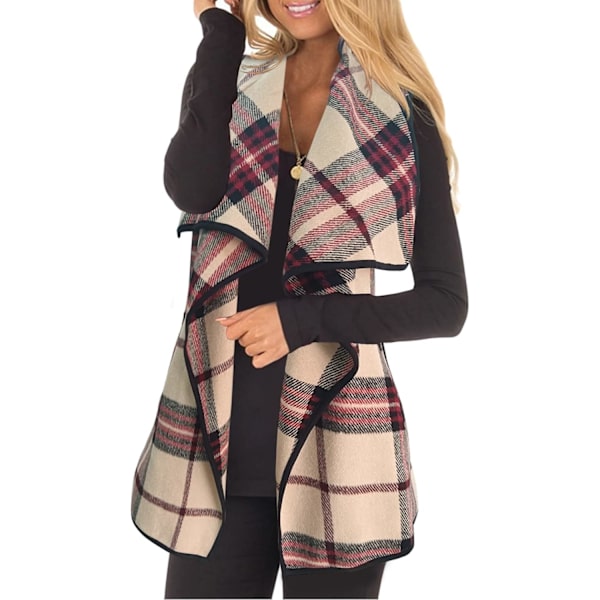 Kvinnor Väst Krage Öppen Fram Buffalo Plaid Ärmlös Kavaj Jacka Kappa med
