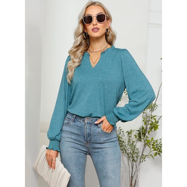Kvinners Puff Langærmet T-skjorte Kjole Casual Ruffle V-hals Topper Bluse