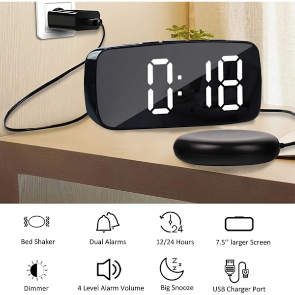 Superhög vibrerande väckarklocka med sängvibrator Multifunktionell dubbel USB Tung sovare Döv Hörselskadad Snooze Som bild Som bild