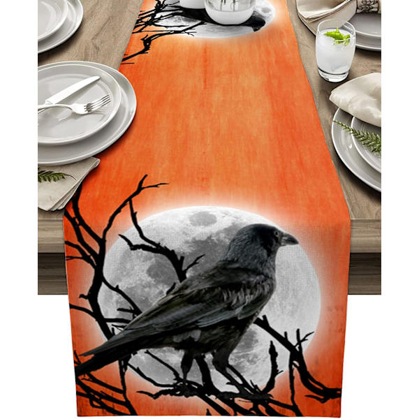 Raven Staning on The Branch ress Scarves Non-Slip Cotton Linen Table Cloth Setting Kitchen ecor for Holiay inner Parties Crow Moon Orange Ta Hall