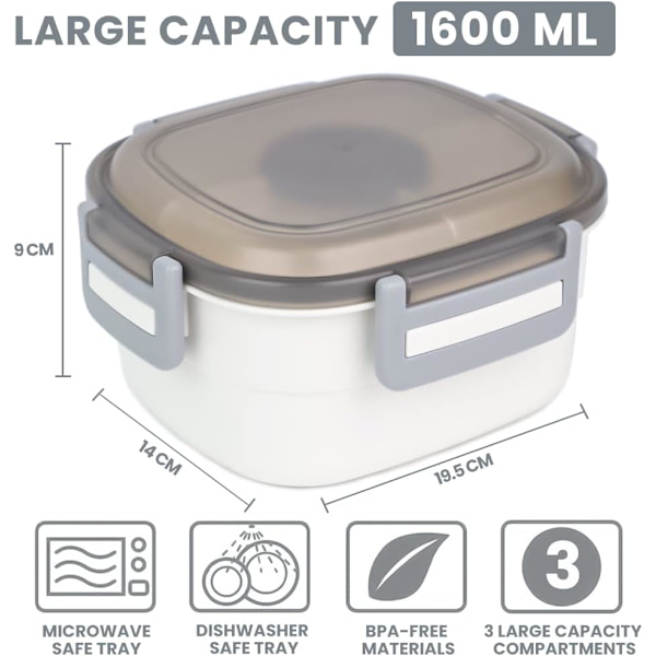 Lunsjboks 1600ML. Bentoboks med 3 rom og bestikk. Gjenbrukbar