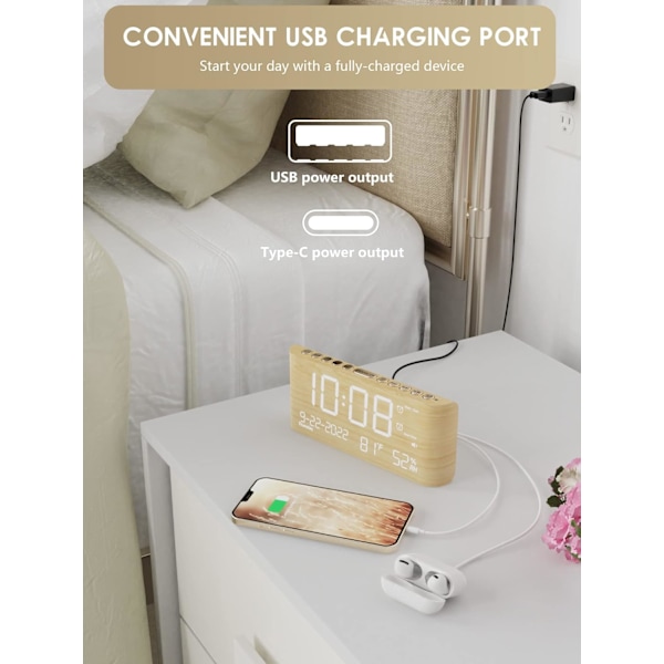 Väckarklocka för sovrum, sängbord, digital väckarklocka i trä med reservbatteri, USB-port, 200 % ljusstyrkedimmer, snooze, dubbelalarm med gult