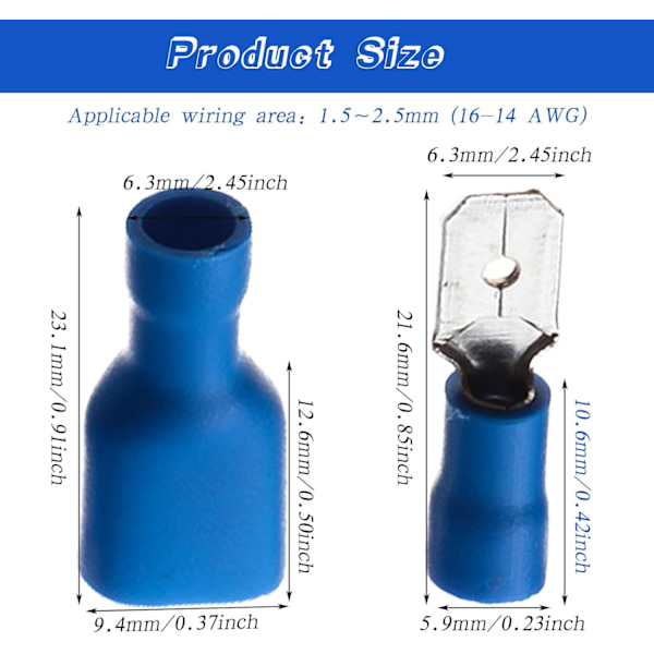 Terminalsett Isolerte PVC Krympekontakter Flat Connector Blå (100 stk)
